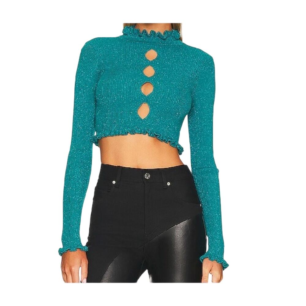 For Love & Lemons Lorelei Cropped Sweater Teal Shimmer Keyhole Cutout XS NWT